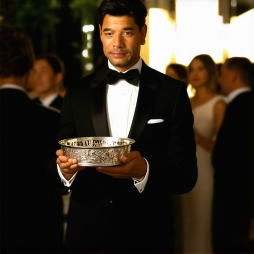 A professional server demonstrating high-end service techniques at a corporate gala.