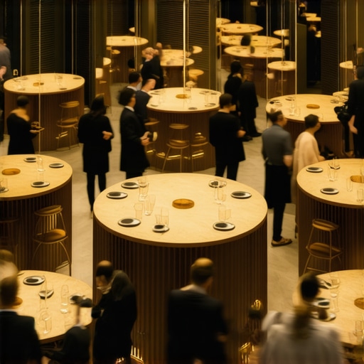 A corporate event room layout designed with standing tables and warm lighting to encourage guest movement and interaction.