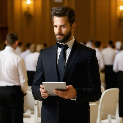Establishing a clear catering hierarchy Professional catering captain managing a server team at a corporate event