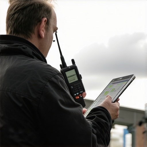 An event coordinator holding a walkie-talkie and managing a weather transition outdoors