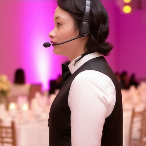 A lead server or event captain managing the service flow between the kitchen and guest tables at a luxury gala.