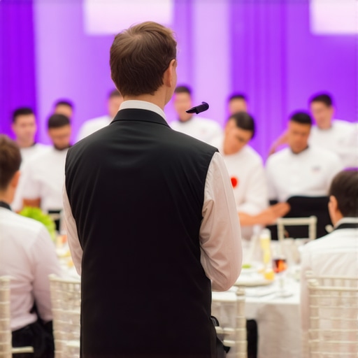 Professional catering team lead managing server flow in a luxury event hall.