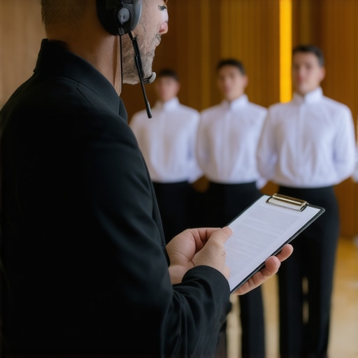 A professional lead server directing an elite catering staff at a high-end corporate event.