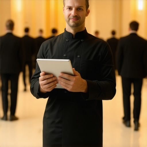 A professional catering lead managing server flow at a corporate event.