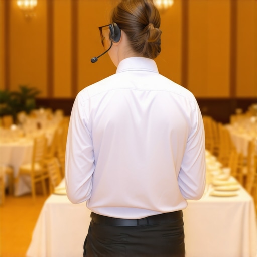 A lead server overseeing a large catering team in a ballroom
