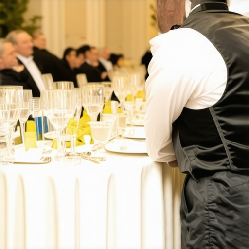 Expert Lead Server Monitoring Event Flow A lead event server overlooking a high-end dinner service to ensure seamless logistics and quiet service.