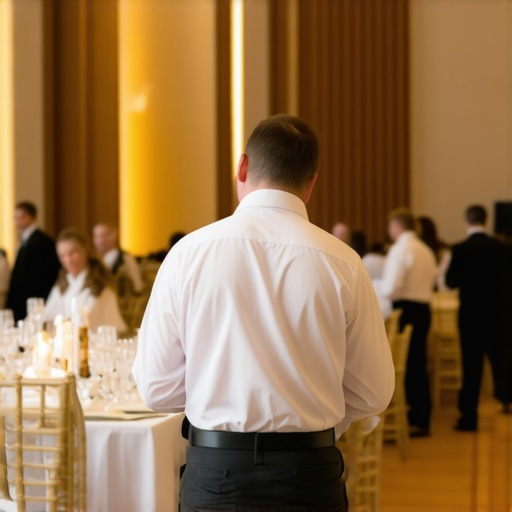 A professional server lead overseeing a luxury banquet room during a high-end dinner.
