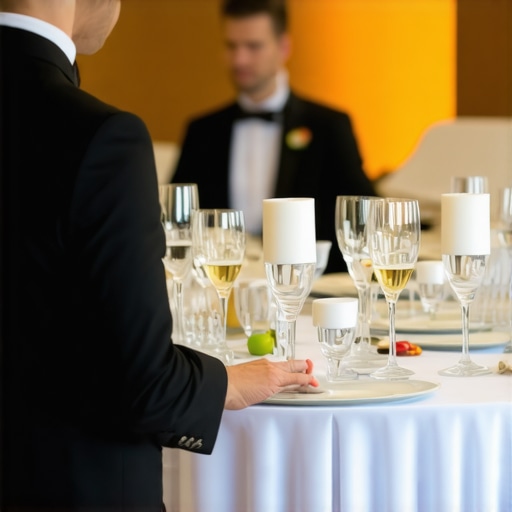 A professional lead server directing staff at a high-end corporate gala.