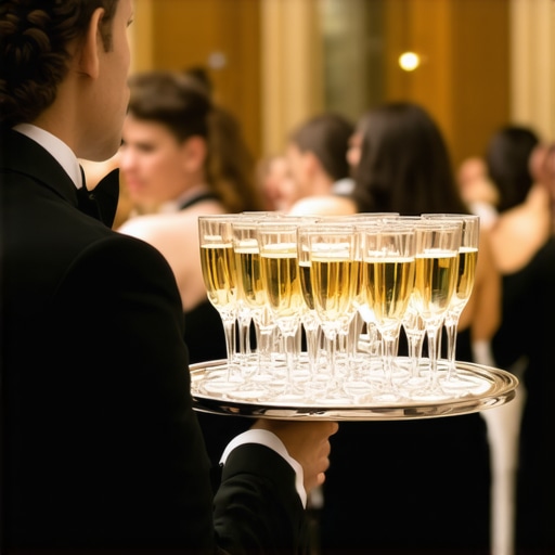 Expert Service at a High-End Event A professional server demonstrating high-quality hospitality at a luxury corporate event.