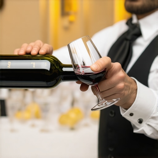 Professional server pouring wine with precision at a fundraising event
