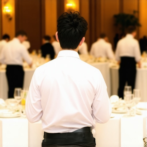 An event coordinator monitoring staff movement and floor plan efficiency at a luxury event.