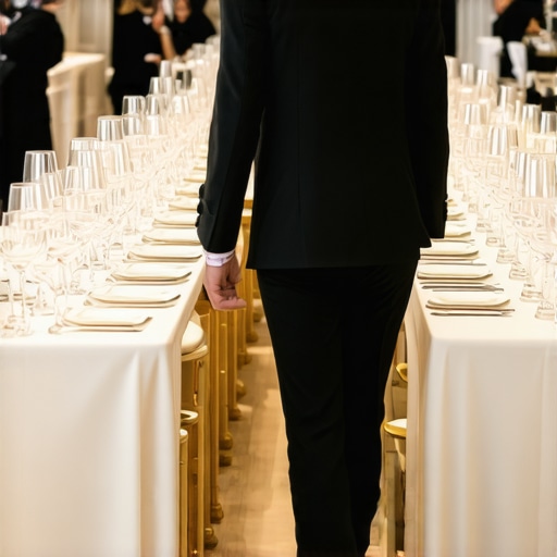 A professional server expertly navigating a crowded event floor to maintain guest experience.