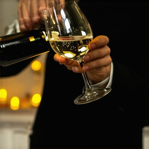 Professional server pouring chilled white wine at a corporate event