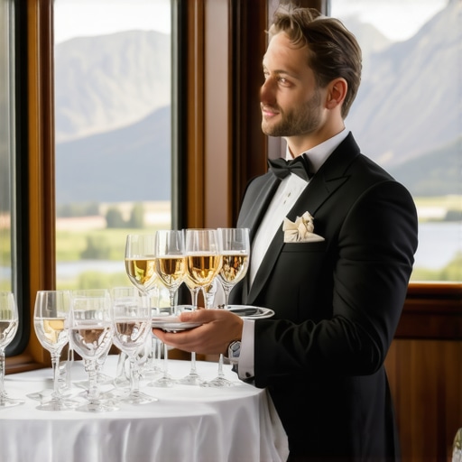 A professional server balancing wine on a moving luxury train car.