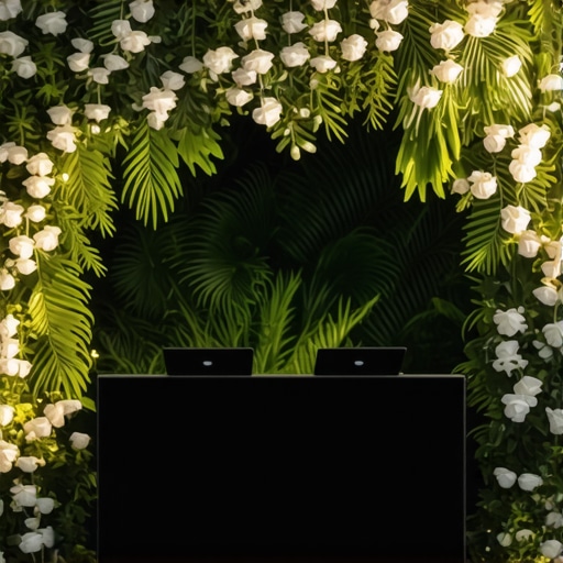 Professional floral arrangement hiding DJ equipment and cables at a wedding reception.