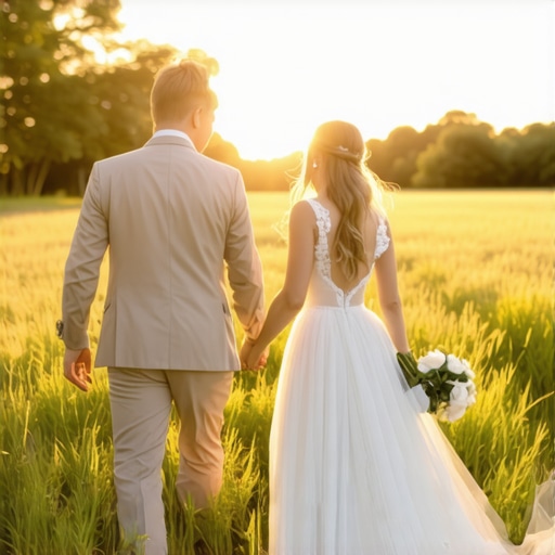 Bride and groom walking in a field during golden hour sunset photography session