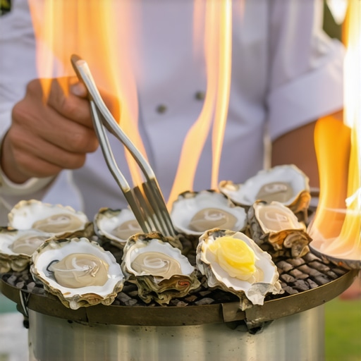 Grilled Oyster Action Station A chef grilling oysters with garlic butter at a wedding reception.