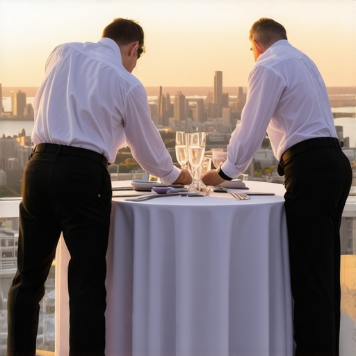 Catering staff preparing a rooftop venue with wind-resistant decor and logistics planning.