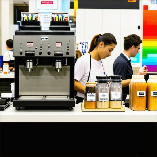 A well-organized corporate coffee station designed for high-volume trade show traffic.
