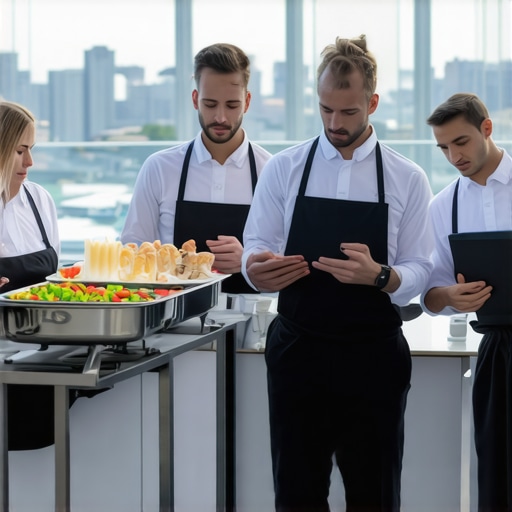 Professional catering team using thermal carriers and tablets on a rooftop event.