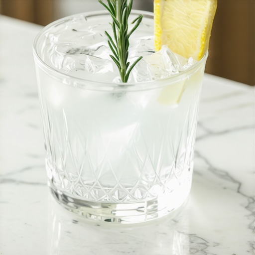 High-End Clear Signature Wedding Cocktail An elegant clear gin cocktail with rosemary and citrus garnish to prevent venue stains.