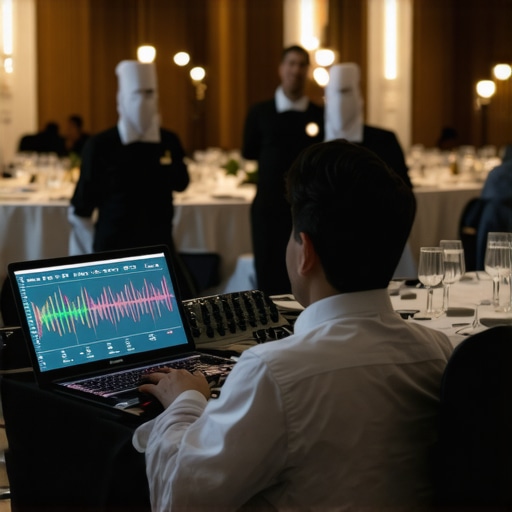 An audio engineer managing radio frequencies and digital mixing at a luxury corporate gala.