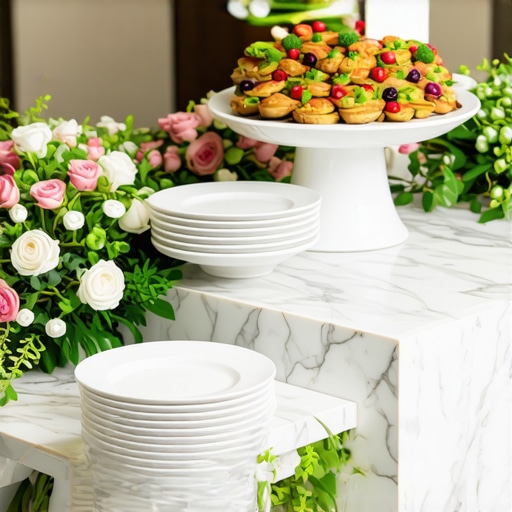 Abundant looking catering display using height and small plates to minimize food waste