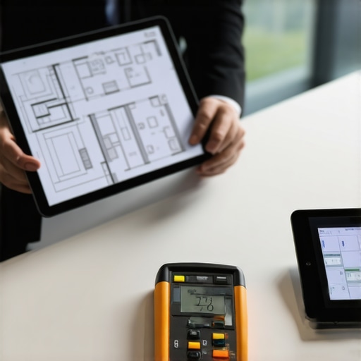 High-Tech Event Logistics and Power Tools An event planner using a 3D layout app and an electrical circuit tester for venue preparation.