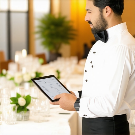 A server lead using a tablet for real-time event coordination and guest tracking.