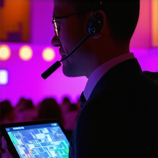 Event lead using a wireless headset and tablet for real-time logistics.