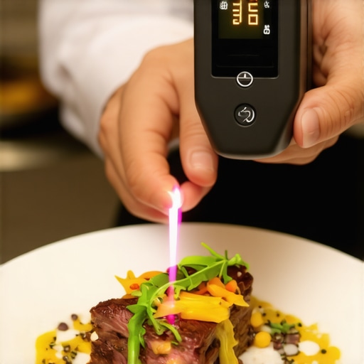 High-Tech Precision in Event Catering Catering professional using a digital thermometer to ensure food safety and quality at a high-end event.