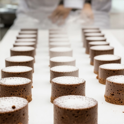 Professional chefs plating warm chocolate lava cakes in a high-volume catering kitchen