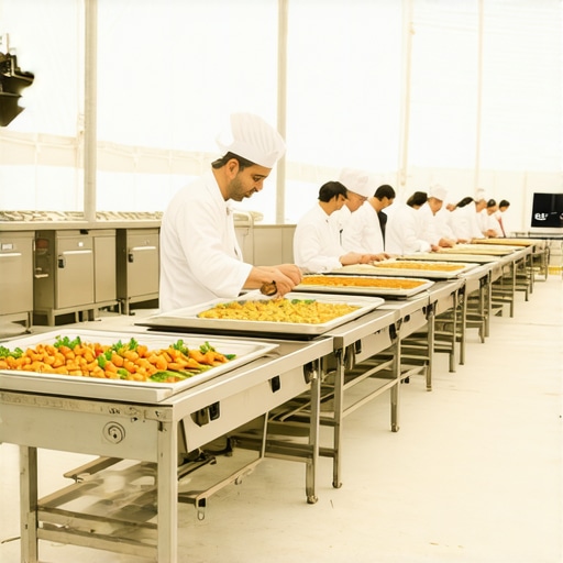 Professional catering staff plating hundreds of meals in an organized assembly line inside an event tent.