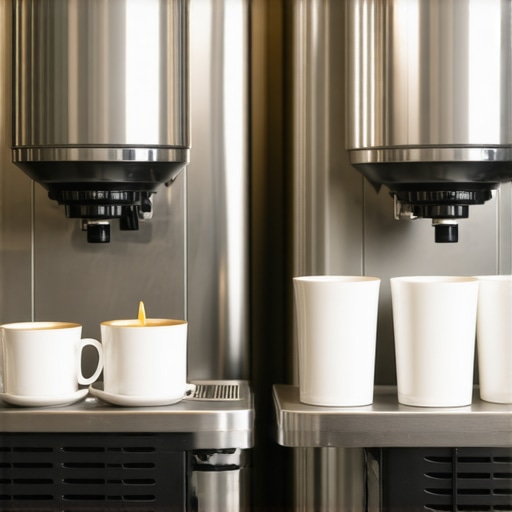 An organized and efficient double-sided commercial coffee catering station with insulated dispensers and ceramic mugs