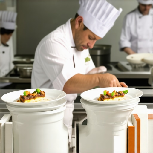 Professional kitchen pass showing synchronized service between chef and server