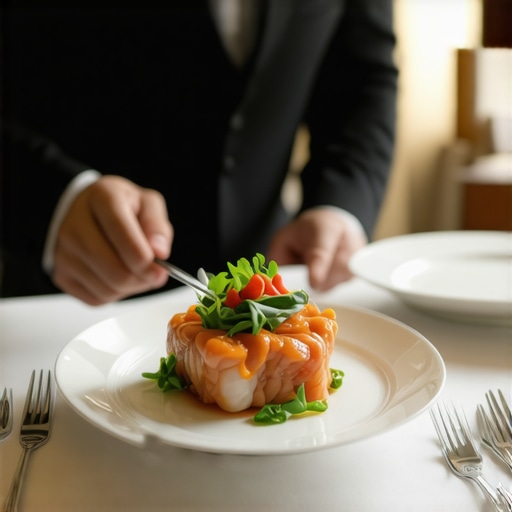 Professional server seamlessly delivering a plate during a high-stakes corporate boardroom dinner