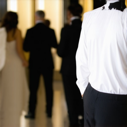 Invisible Service in a Luxury Environment A server maintaining a professional distance at a high-end corporate gala to ensure guest privacy.