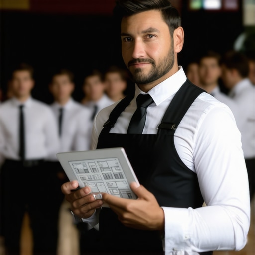 Lead Server Coordinating Event via Digital Tablet A professional event manager using a tablet to sync with their catering team during a luxury corporate event.
