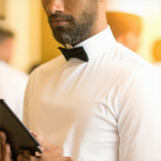 Lead Server Digital Briefing A professional lead server using a tablet to brief a catering team in a luxury event space.