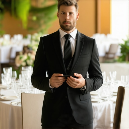 Lead Server Orchestrating Event Service A professional lead server monitoring the flow of a corporate event dinner to ensure seamless service.