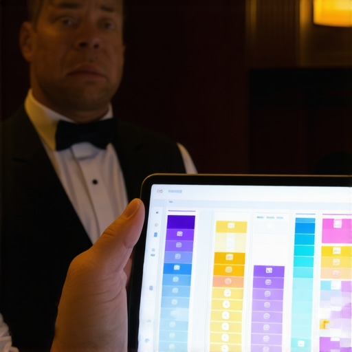 Lead Server Using Digital Event Management Tools A server lead reviewing a digital floor plan on a tablet during a high-end event.