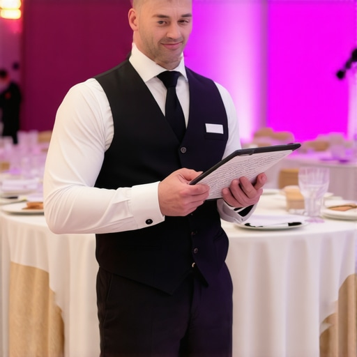 A professional catering lead briefing her server team on specific guest needs in a high-end event venue.