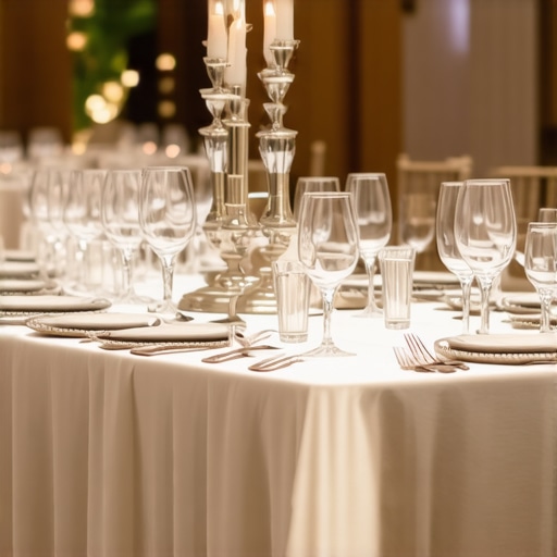 Close up of a sophisticated rectangular banquet table layout in a corporate ballroom.