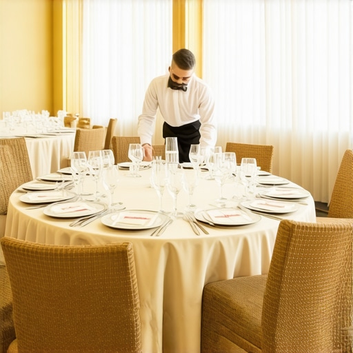 Event staff adjusting table settings to hide guest no-shows