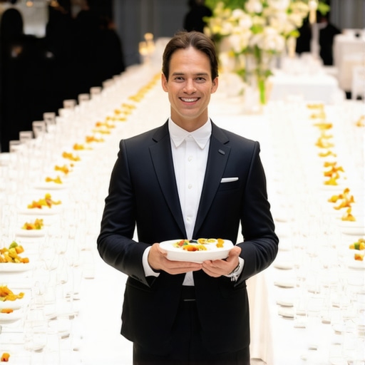 Mastering Event Timeline Flow with Strategic Service An elegant corporate gala where professional servers navigate a sophisticated crowd under the guidance of an expert coordinator.