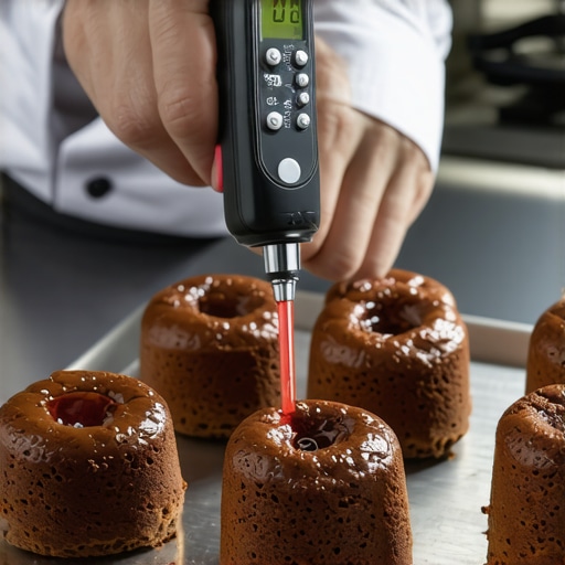 Chef checking the temperature of hot chocolate lava cakes on a prep line using an infrared thermometer