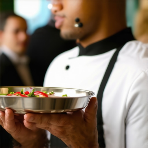 A professional server using a bone-conduction headset for silent communication at a luxury event.