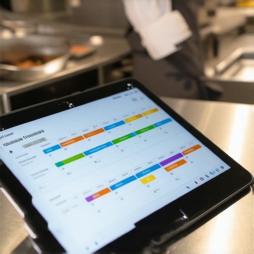 Modern Catering Technology and Event Management A digital tablet showing an event timeline on a kitchen prep table.
