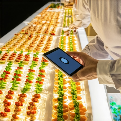 Modern Catering Technology and Lighting Management Professional caterer using digital tools to manage event lighting and buffet setup.