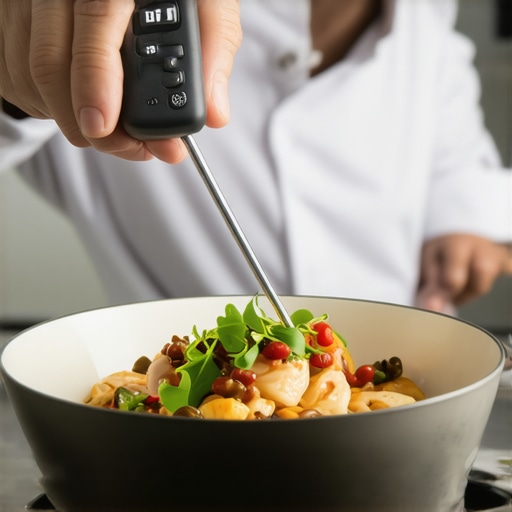 A professional server using digital tools to ensure food quality and silent communication during an event.